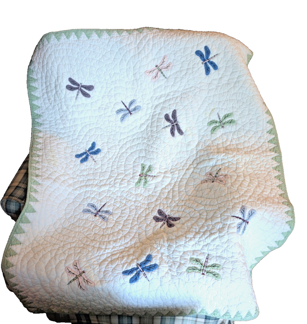 Dragonflies Baby Quilt White Lavender Blue & Green 42 x 51" Reversible Stripe